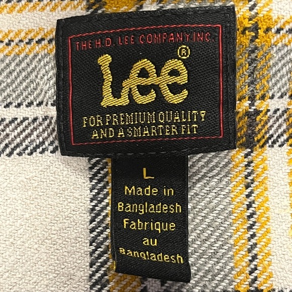 Lee Mens L Plaid Flannel Button Down Shirt Ivory Yellow Black Cotton Casual - Picture 9 of 11